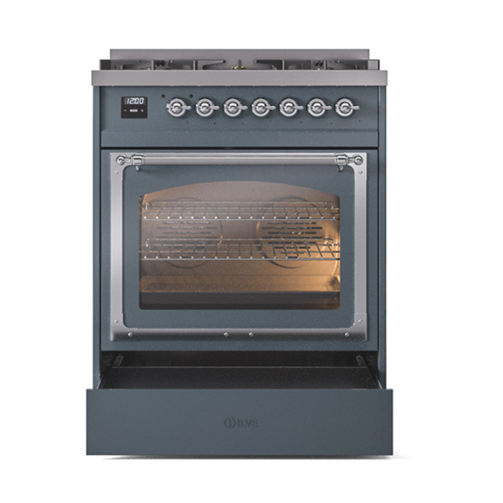 Blue grey range with oven door closed, chrome frame and triple glass window