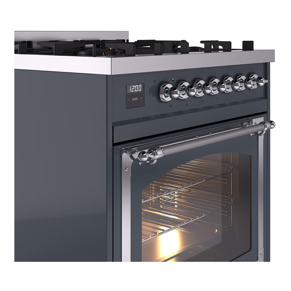 Blue-grey range close-up: chrome control knobs and open oven door glass