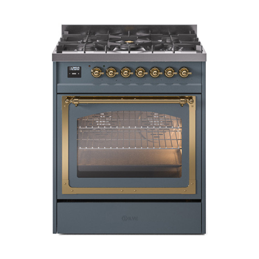 Blue grey 30-inch dual fuel range with triple glass oven door and brass trim