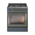 ILVE Nostalgie II Noblesse 30-Inch Natural Gas Dual Fuel Range with Triple Glass Door in Blue Grey with Brass Trim (UN30NMPBGG)