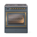 ILVE Nostalgie II Noblesse 30-Inch Propane Gas Dual Fuel Range with Triple Glass Door in Blue Grey with Brass Trim (UN30NMPBGGLP)