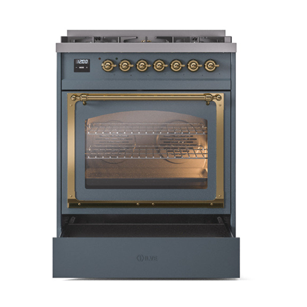 Blue grey range with triple glass oven door and brass-trimmed frame