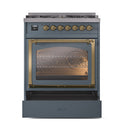 ILVE Nostalgie II Noblesse 30-Inch Natural Gas Dual Fuel Range with Triple Glass Door in Blue Grey with Brass Trim (UN30NMPBGG)