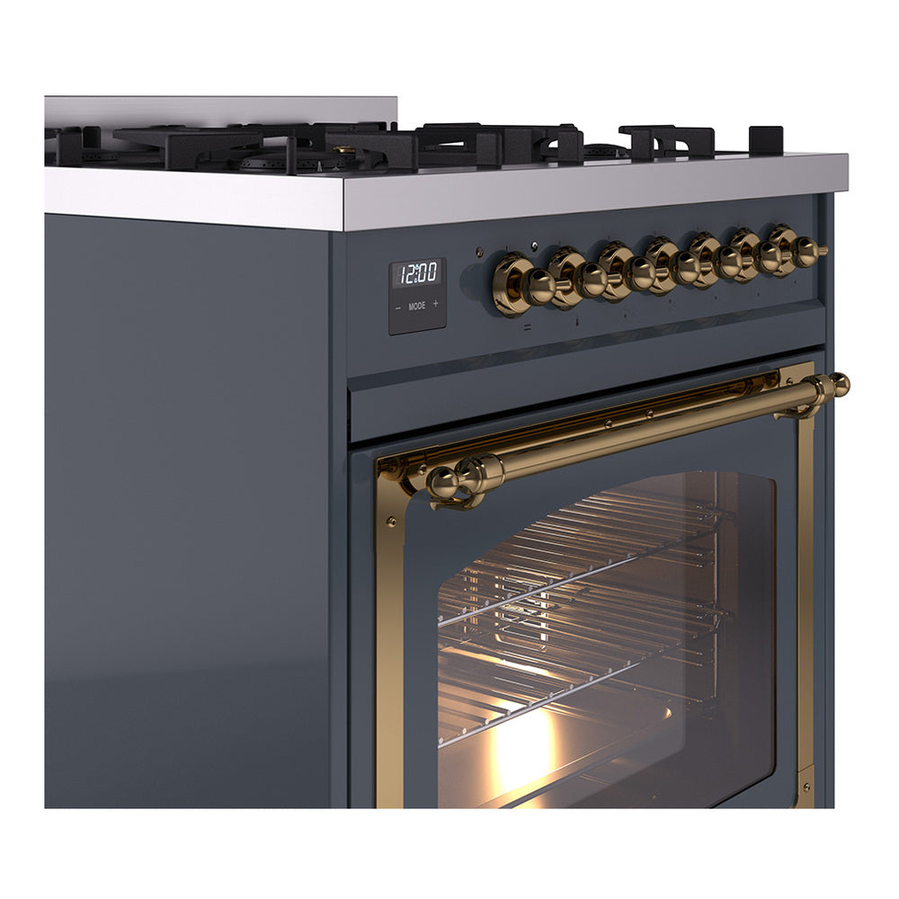Blue grey dual fuel range with brass handle and lit oven window