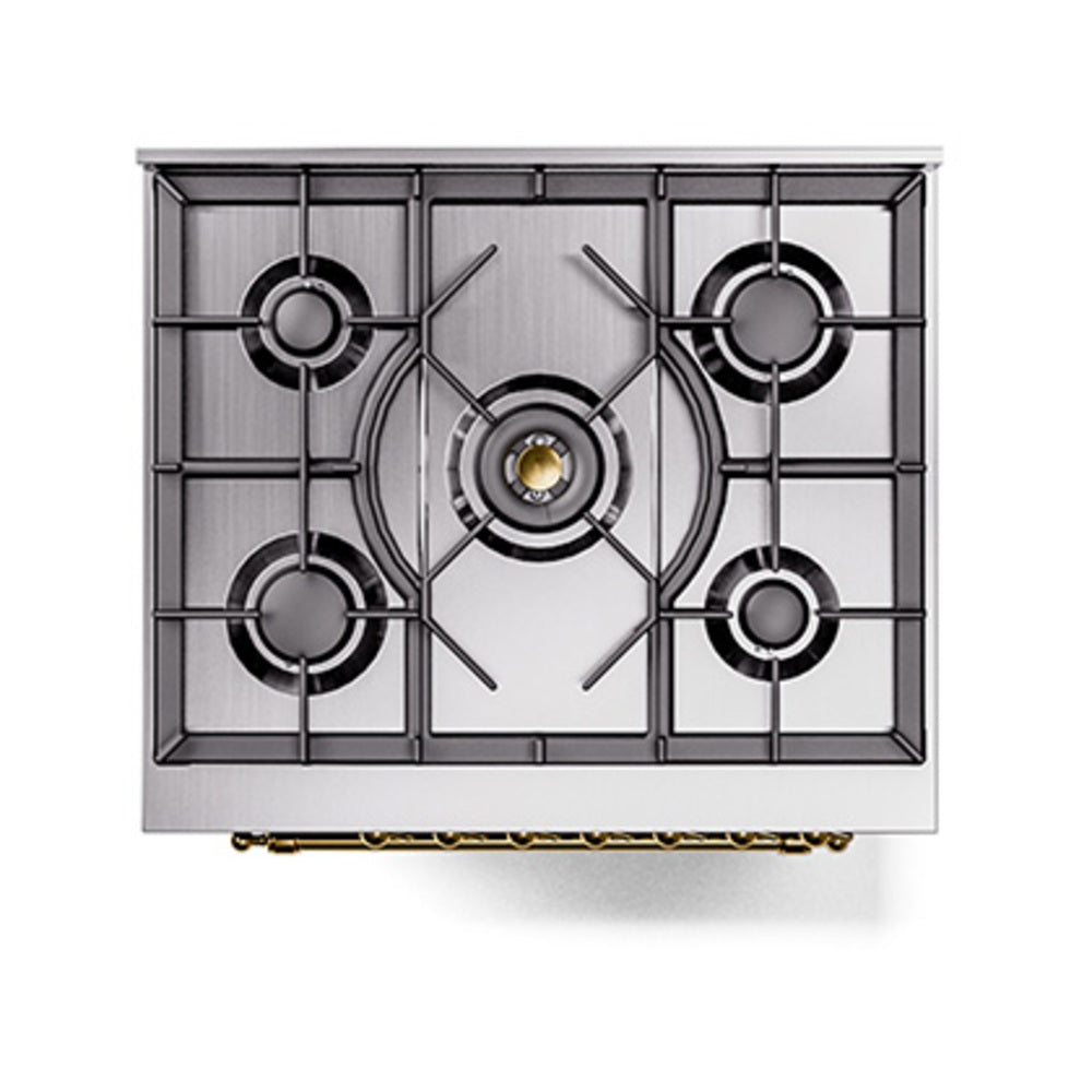 Stainless and black cooktop burner layout with central grates on dual fuel range