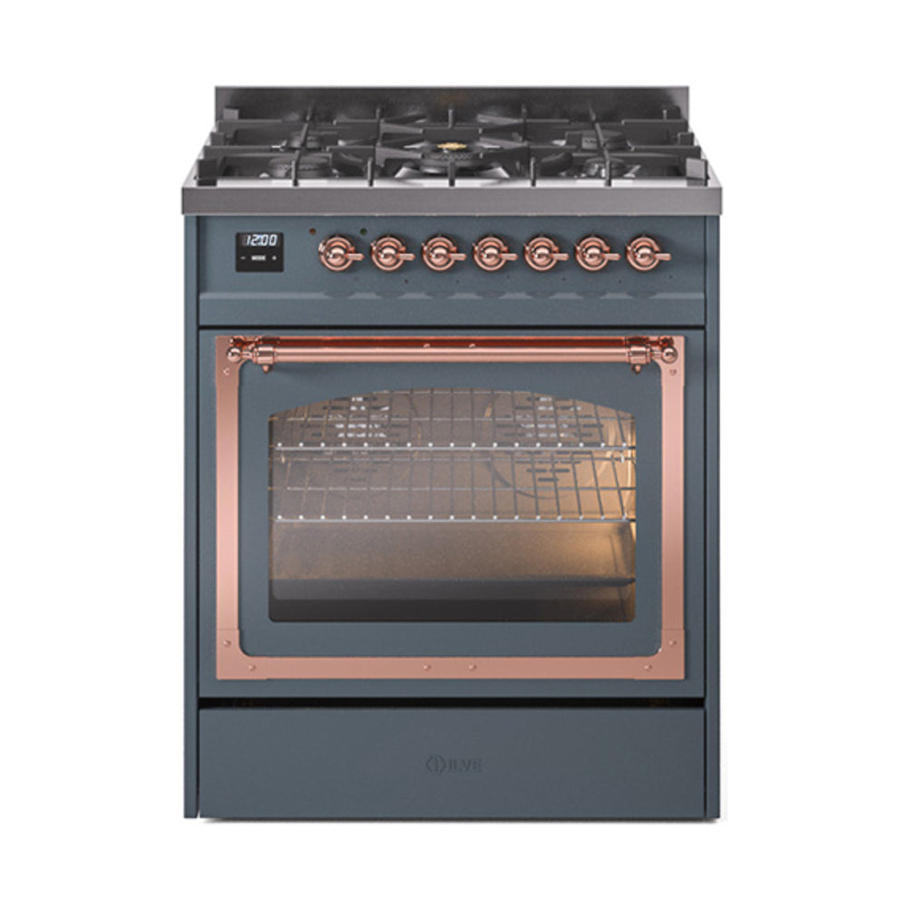 30-inch dual fuel gas range with triple glass oven door, blue grey and copper trim