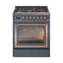 ILVE Nostalgie II Noblesse 30-Inch Propane Gas Dual Fuel Range with Triple Glass Door in Blue Grey with Copper Trim (UN30NMPBGPLP)