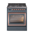 ILVE Nostalgie II Noblesse 30-Inch Natural Gas Dual Fuel Range with Triple Glass Door in Blue Grey with Copper Trim (UN30NMPBGP)