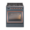 ILVE Nostalgie II Noblesse 30-Inch Natural Gas Dual Fuel Range with Triple Glass Door in Blue Grey with Copper Trim (UN30NMPBGP)