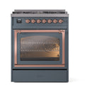ILVE Nostalgie II Noblesse 30-Inch Natural Gas Dual Fuel Range with Triple Glass Door in Blue Grey with Copper Trim (UN30NMPBGP)