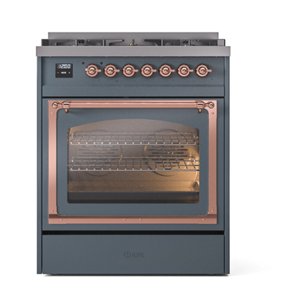 Blue grey dual fuel range with triple glass oven door and copper-trim control panel