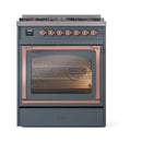 ILVE Nostalgie II Noblesse 30-Inch Propane Gas Dual Fuel Range with Triple Glass Door in Blue Grey with Copper Trim (UN30NMPBGPLP)
