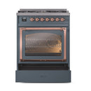ILVE Nostalgie II Noblesse 30-Inch Natural Gas Dual Fuel Range with Triple Glass Door in Blue Grey with Copper Trim (UN30NMPBGP)