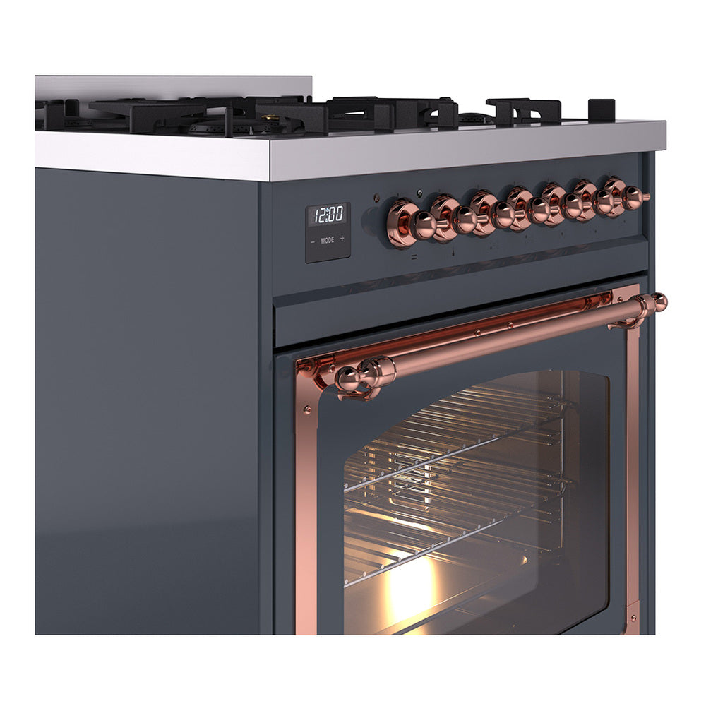Blue grey dual fuel range side view with copper control knobs and triple glass oven door