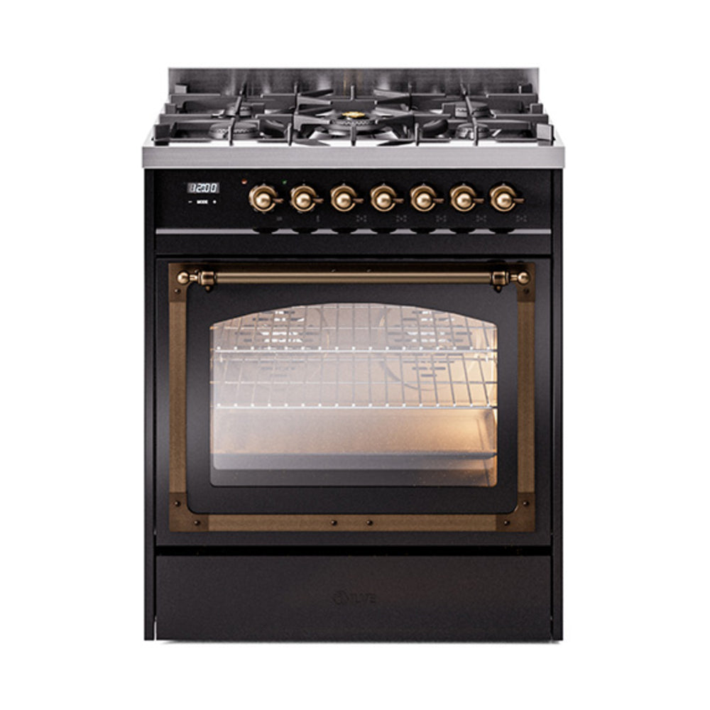 Glossy black ILVE dual fuel range with bronze control knobs and triple glass door