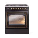 ILVE Nostalgie II Noblesse 30-Inch Propane Gas Dual Fuel Range with Triple Glass Door in Glossy Black with Bronze Trim (UN30NMPBKBLP)