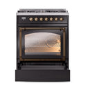 ILVE Nostalgie II Noblesse 30-Inch Natural Gas Dual Fuel Range with Triple Glass Door in Glossy Black with Bronze Trim (UN30NMPBKB)