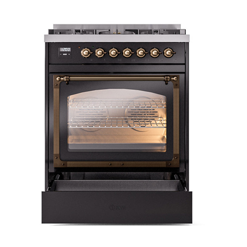 ILVE Nostalgie II Noblesse 30-Inch Dual Fuel Range with Triple Glass Door in Glossy Black with Bronze Trim (UN30NMPBKB)