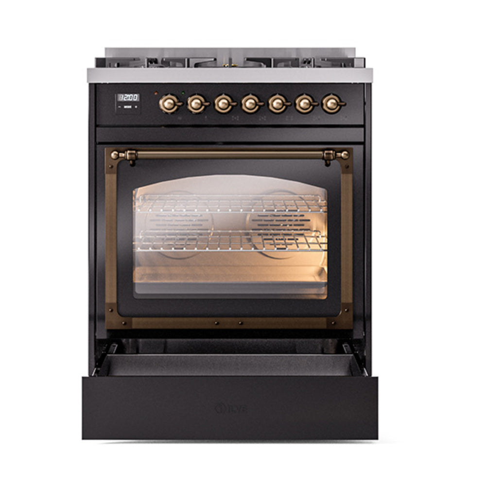Glossy black ILVE dual fuel range with bronze knobs and closed oven with glass window