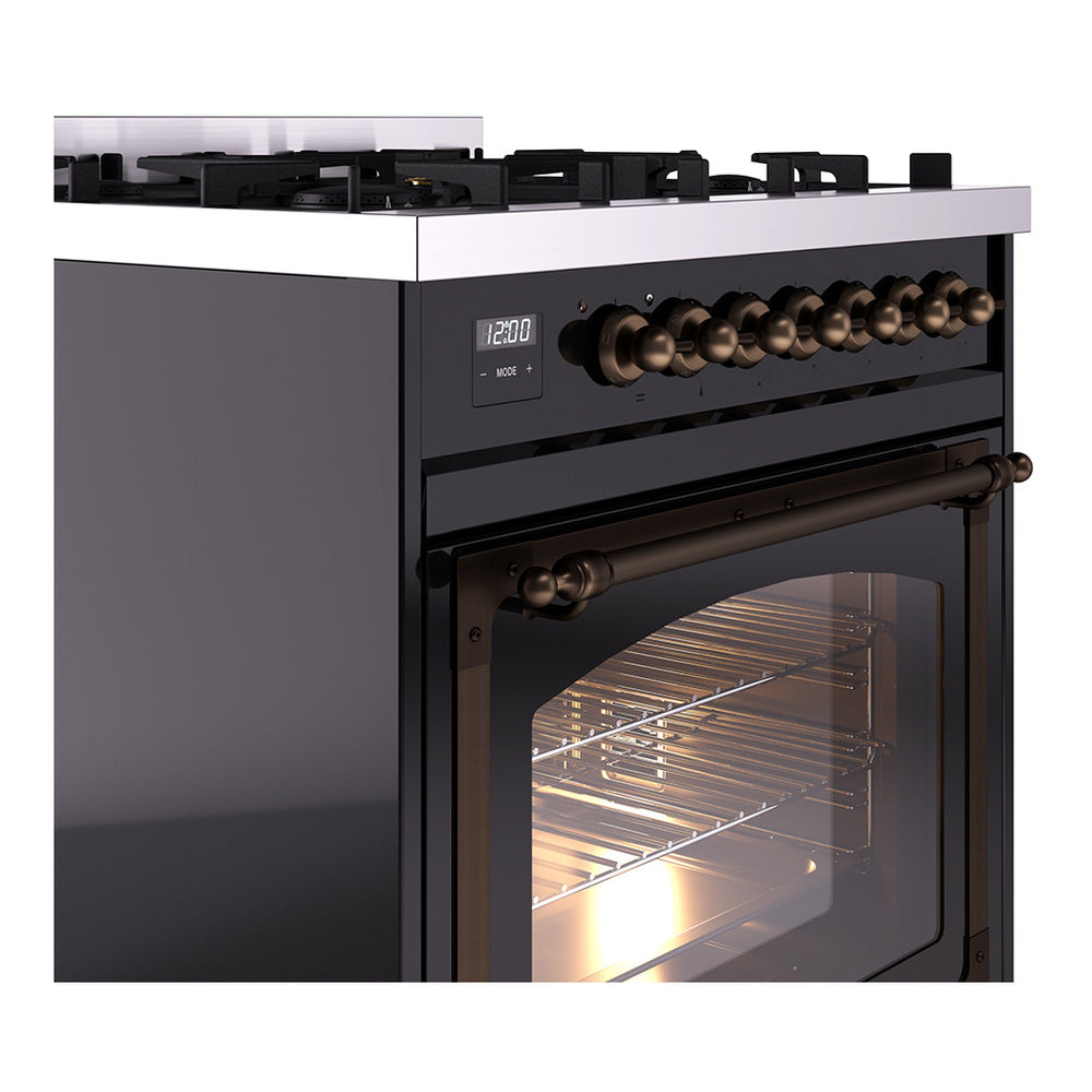 Dual fuel range side view with bronze knobs and curved oven handle