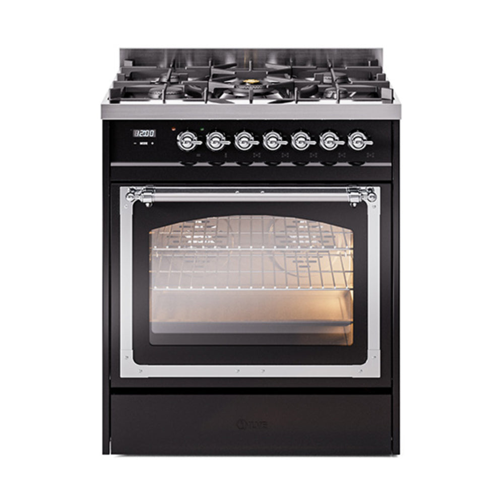 Glossy black dual fuel range with chrome-trimmed oven window and lit interior