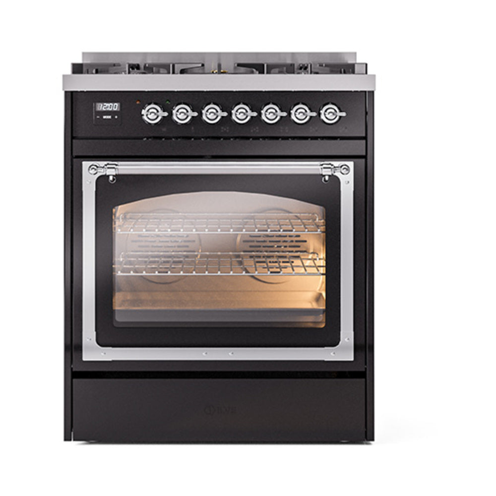 Glossy black dual fuel range with illuminated oven interior behind the glass door