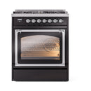 ILVE Nostalgie II Noblesse 30-Inch Propane Gas Dual Fuel Range with Triple Glass Door in Glossy Black with Chrome Trim (UN30NMPBKCLP)