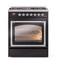 ILVE Nostalgie II Noblesse 30-Inch Natural Gas Dual Fuel Range with Triple Glass Door in Glossy Black with Chrome Trim (UN30NMPBKC)