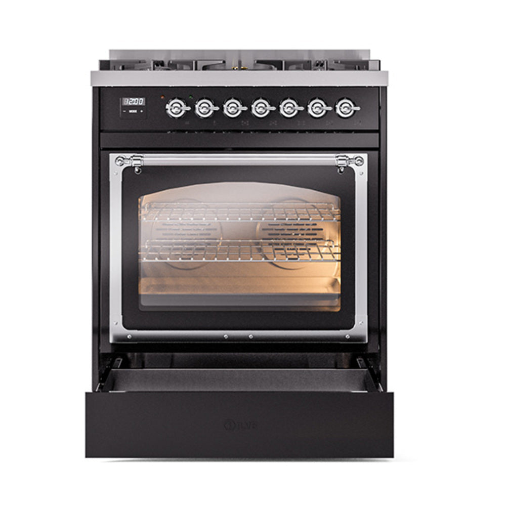 Glossy black dual fuel range with chrome-framed oven glass and lit interior