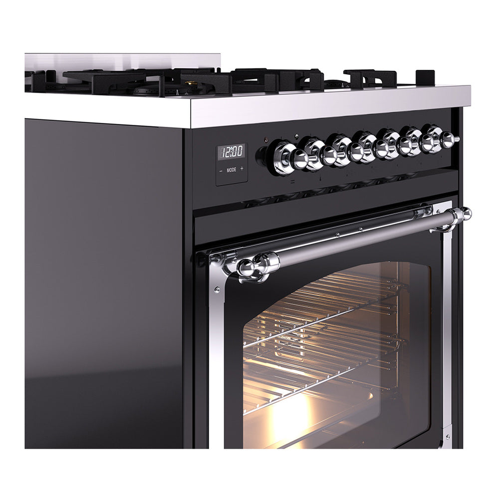 Glossy black dual-fuel range with front control knobs and chrome oven handle