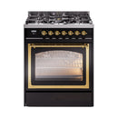 ILVE Nostalgie II Noblesse 30-Inch Propane Gas Dual Fuel Range with Triple Glass Door in Glossy Black with Brass Trim (UN30NMPBKGLP)