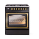 ILVE Nostalgie II Noblesse 30-Inch Natural Gas Dual Fuel Range with Triple Glass Door in Glossy Black with Brass Trim (UN30NMPBKG)