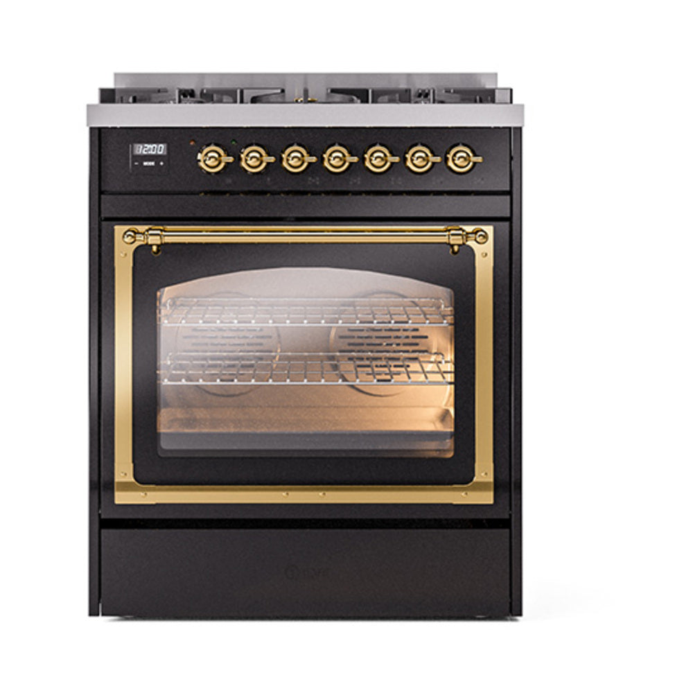Glossy black ILVE dual fuel gas range with brass trim, lit triple glass oven