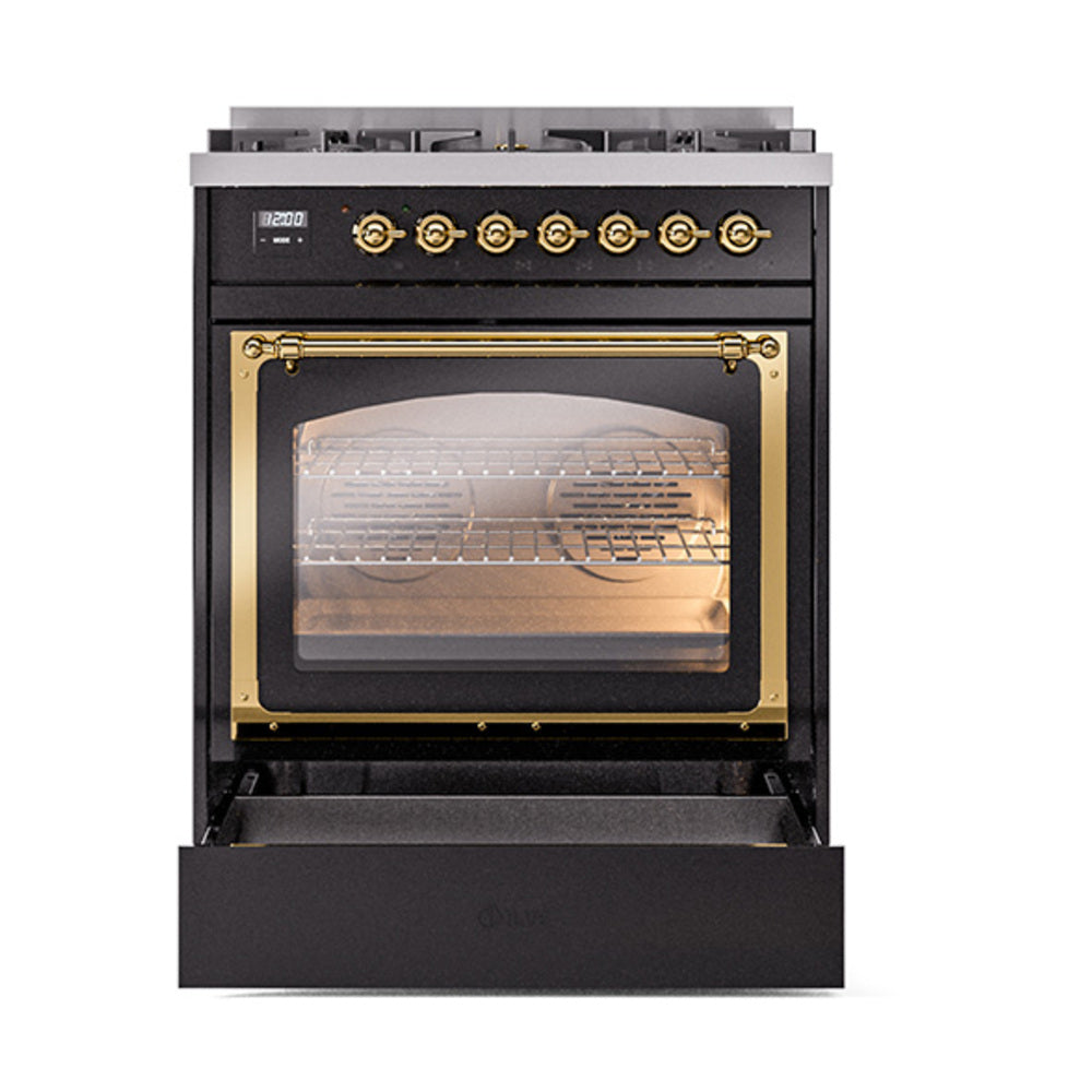 Black range oven door closed with brass trim and glass window