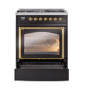 ILVE Nostalgie II Noblesse 30-Inch Natural Gas Dual Fuel Range with Triple Glass Door in Glossy Black with Brass Trim (UN30NMPBKG)