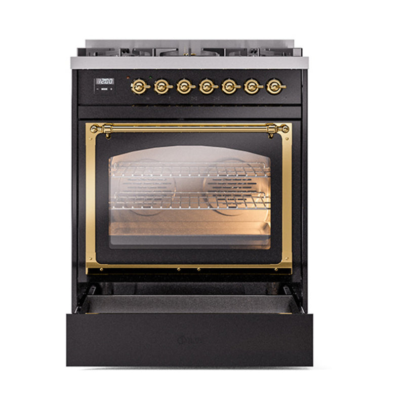 ILVE Nostalgie II Noblesse 30-Inch Dual Fuel Range with Triple Glass Door in Glossy Black with Brass Trim (UN30NMPBKG)