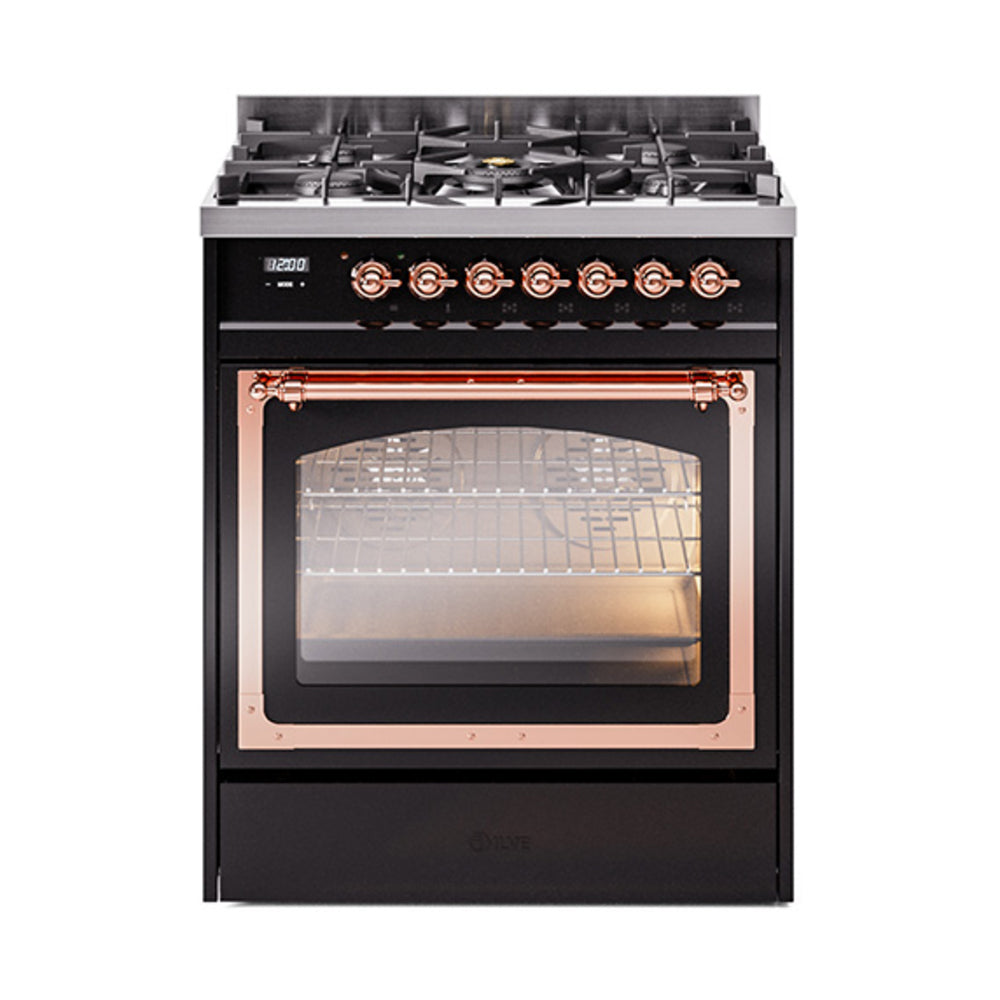 Black dual fuel range with triple-glass oven door, copper-trim controls and burner knobs