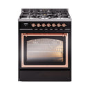 ILVE Nostalgie II Noblesse 30-Inch Propane Gas Dual Fuel Range with Triple Glass Door in Glossy Black with Copper Trim (UN30NMPBKPLP)