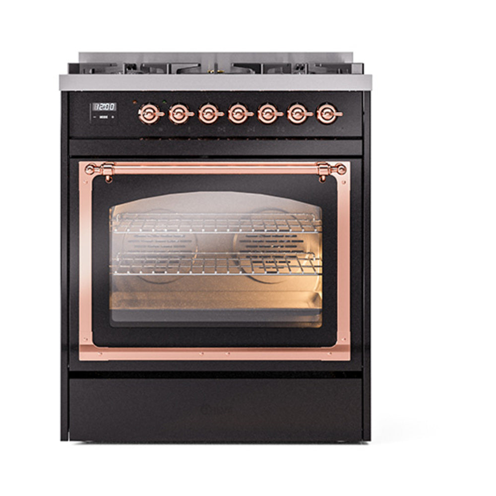 Black dual fuel range with open triple-glass oven door, copper-trim knobs and burner rings