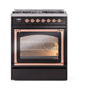 ILVE Nostalgie II Noblesse 30-Inch Propane Gas Dual Fuel Range with Triple Glass Door in Glossy Black with Copper Trim (UN30NMPBKPLP)