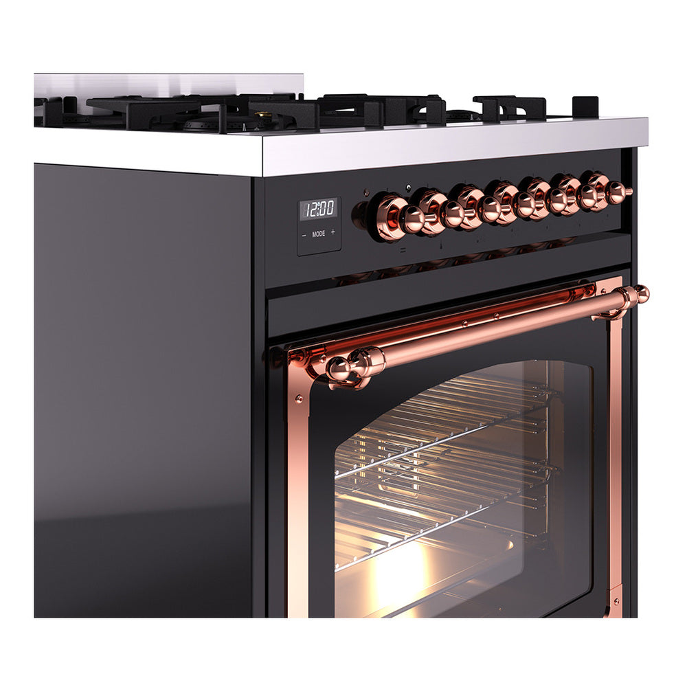 Glossy black dual fuel range control panel with copper knobs and copper-trim oven door