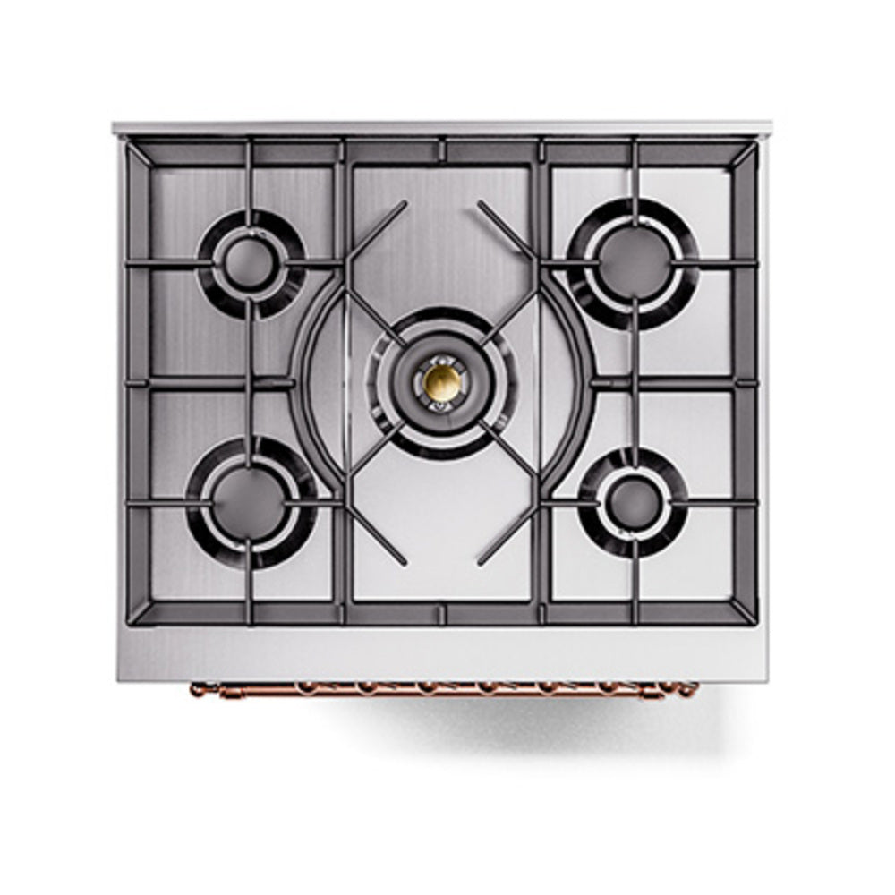 Black range cooktop with stainless cast-iron grates and five burner positions