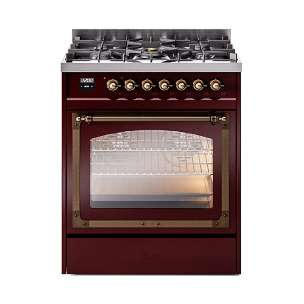 Burgundy dual fuel gas range with triple glass oven door and bronze control trim