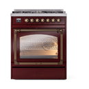 ILVE Nostalgie II Noblesse 30-Inch Natural Gas Dual Fuel Range with Triple Glass Door in Burgundy with Bronze Trim (UN30NMPBUB)