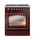 ILVE Nostalgie II Noblesse 30-Inch Propane Gas Dual Fuel Range with Triple Glass Door in Burgundy with Bronze Trim (UN30NMPBUBLP)