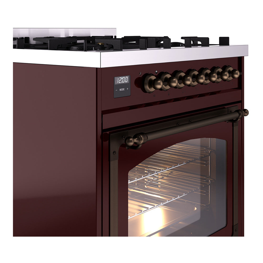 Burgundy dual fuel range corner view with bronze control knobs and open oven window