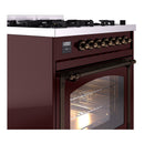 ILVE Nostalgie II Noblesse 30-Inch Natural Gas Dual Fuel Range with Triple Glass Door in Burgundy with Bronze Trim (UN30NMPBUB)