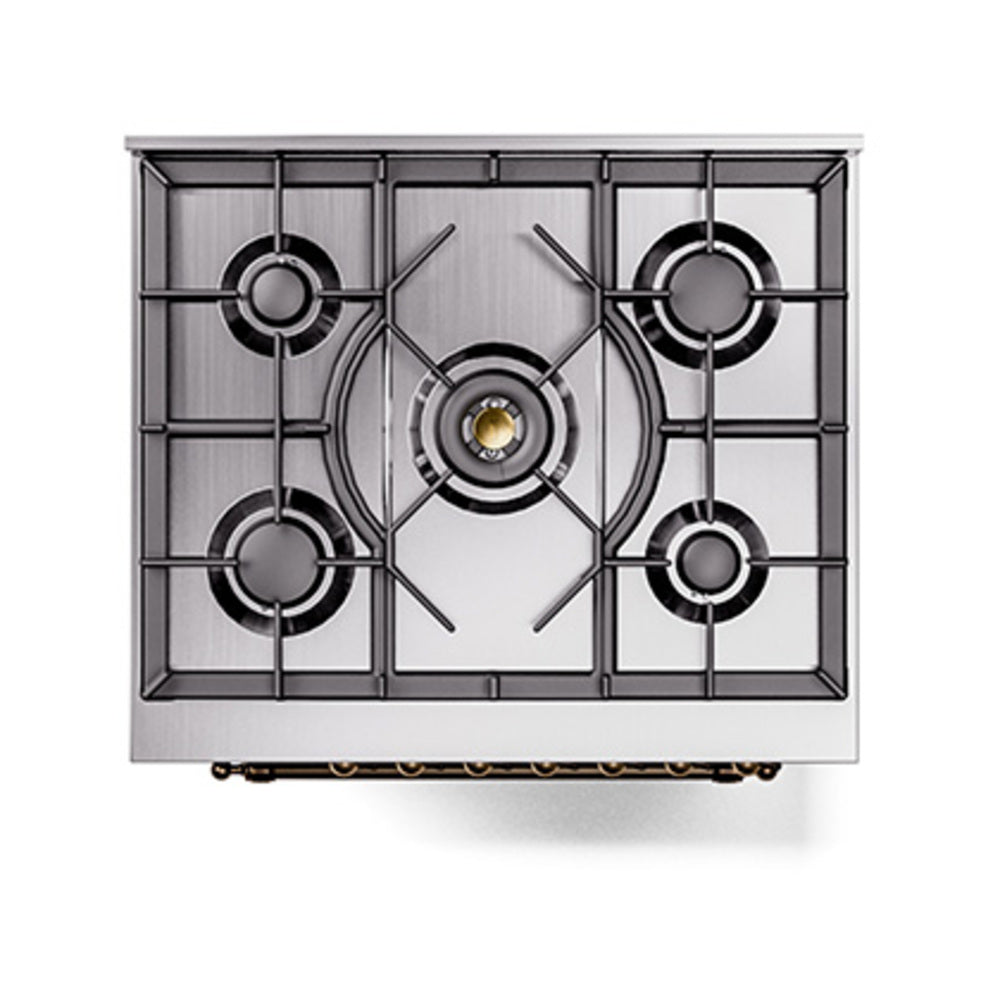 Stainless gas cooktop with four burners and cast-iron grates on dual fuel range