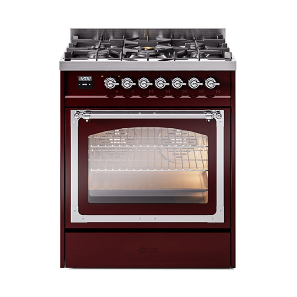 Burgundy dual fuel range with triple-glass oven door and chrome trim, front view
