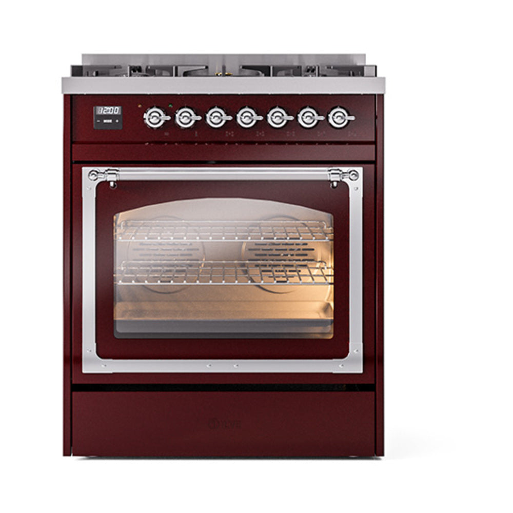 Burgundy range with lit oven window behind triple-glass door and chrome-trim frame